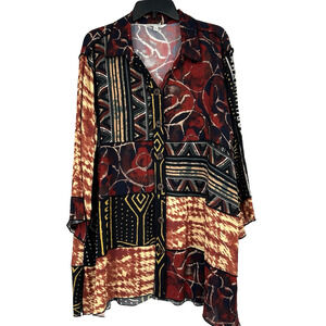 John Mark Boho Artsy Tunic Top Black Red Mixed Pattern Patchwork Button Up Sz XL